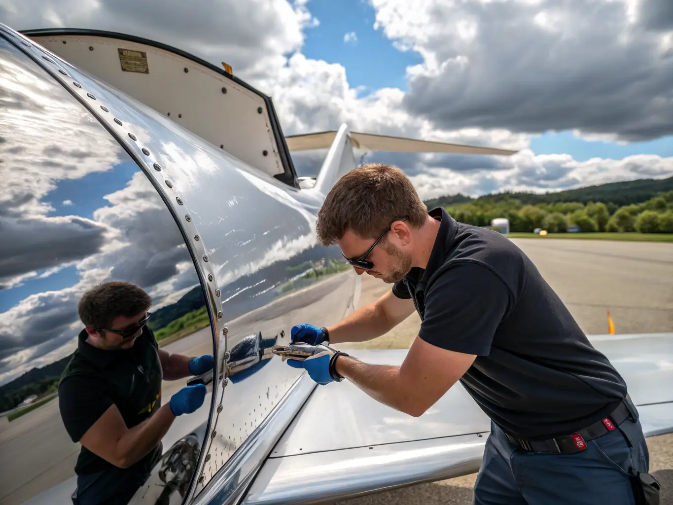 A close-up image of an aircraft's exterior undergoing paint restoration, with a technician carefully polishing the surface to remove scratches and oxidation, highlighting Valtrix Detailing's expertise in paint correction.