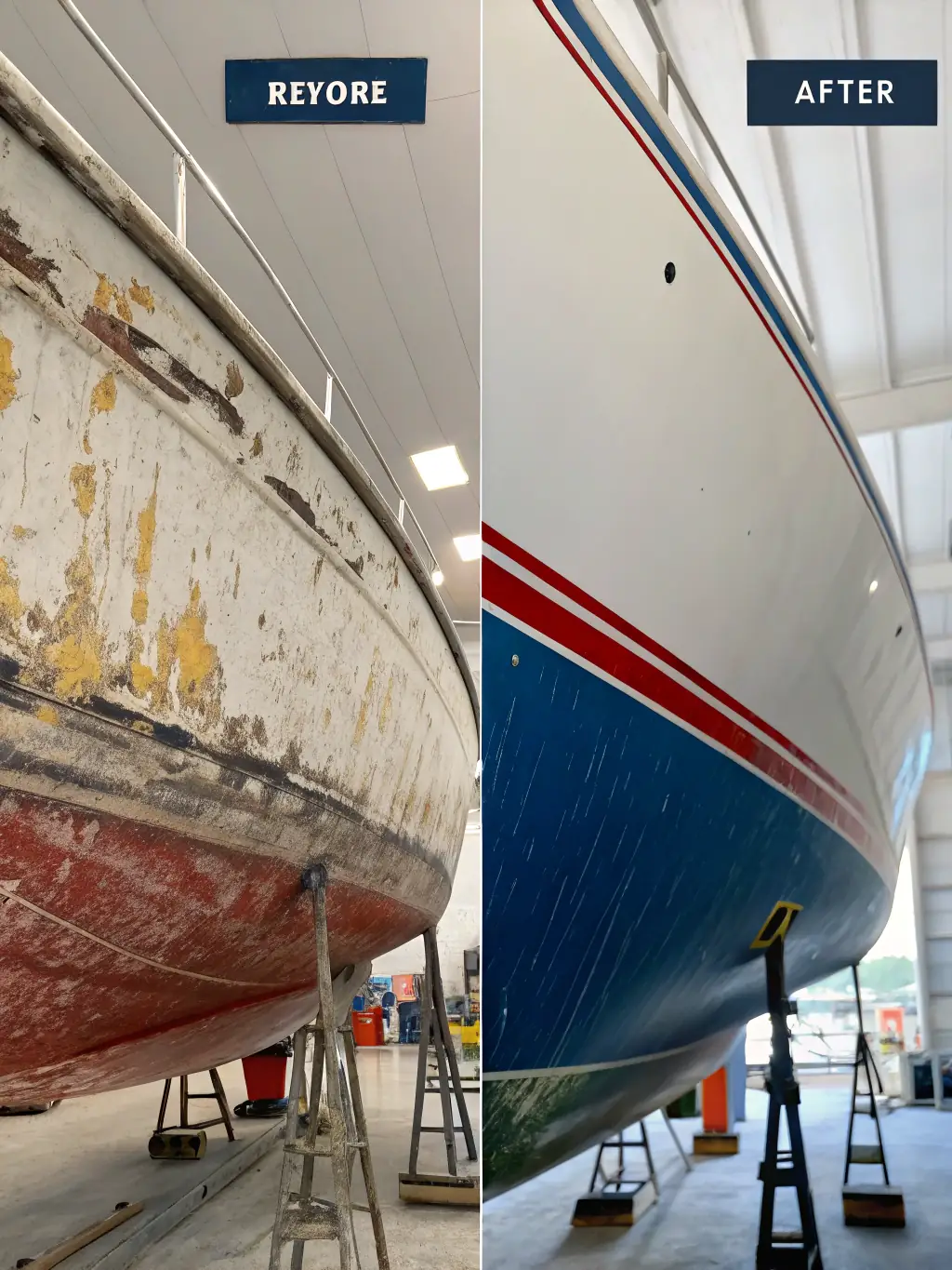 A before-and-after photo demonstrating the effectiveness of Valtrix Detailing's metal surface protection on a yacht, highlighting the restored shine and protection against corrosion.