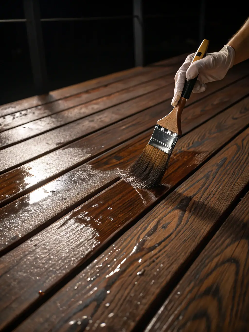 A detailed image of teak wood on a boat deck being treated and restored by Valtrix Detailing, showcasing the rich color and natural beauty of the wood.