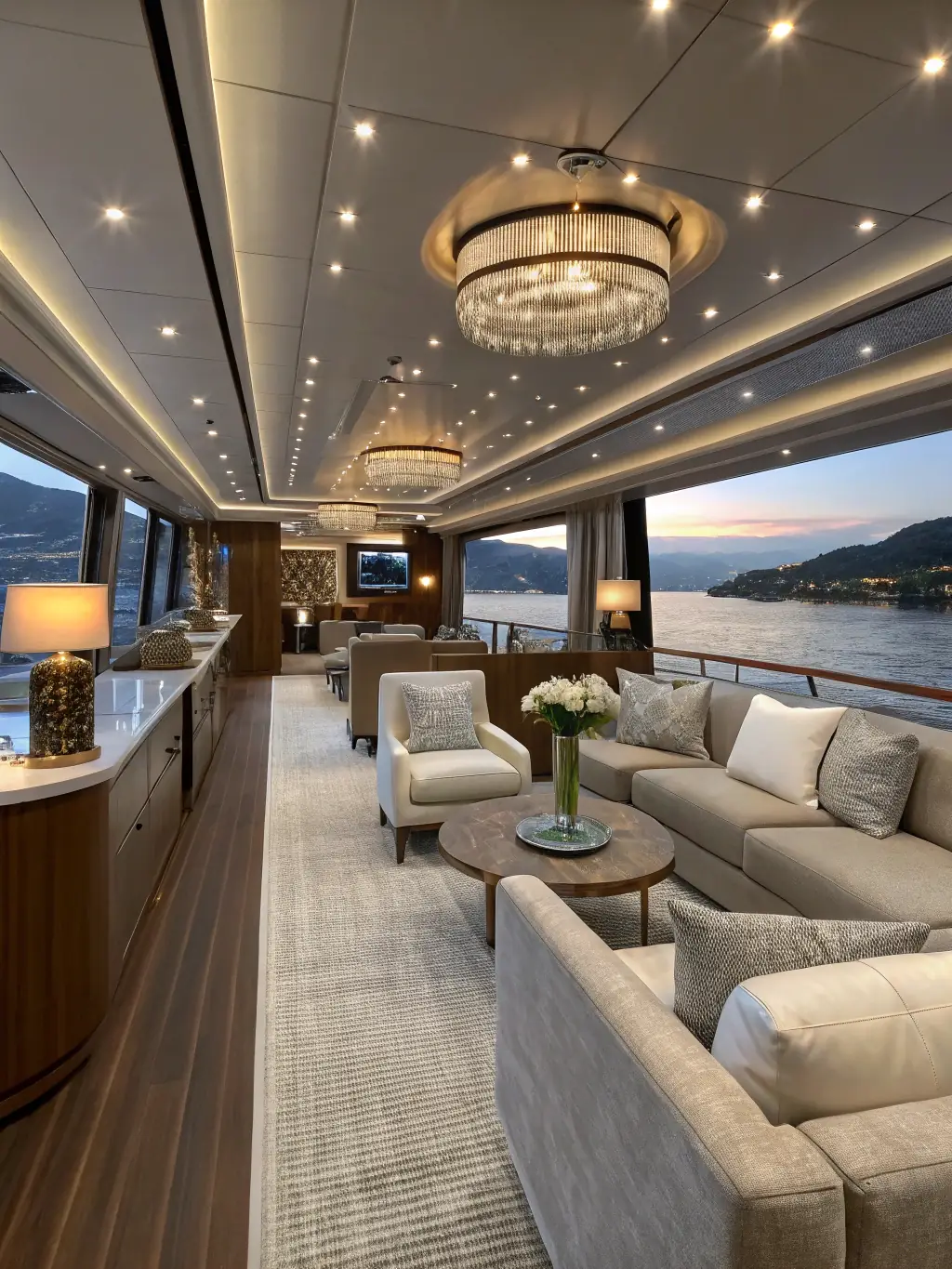 A high-resolution photo showcasing the interior of a yacht after Valtrix Detailing's cleaning service, highlighting spotless carpets, polished wood, and pristine upholstery.