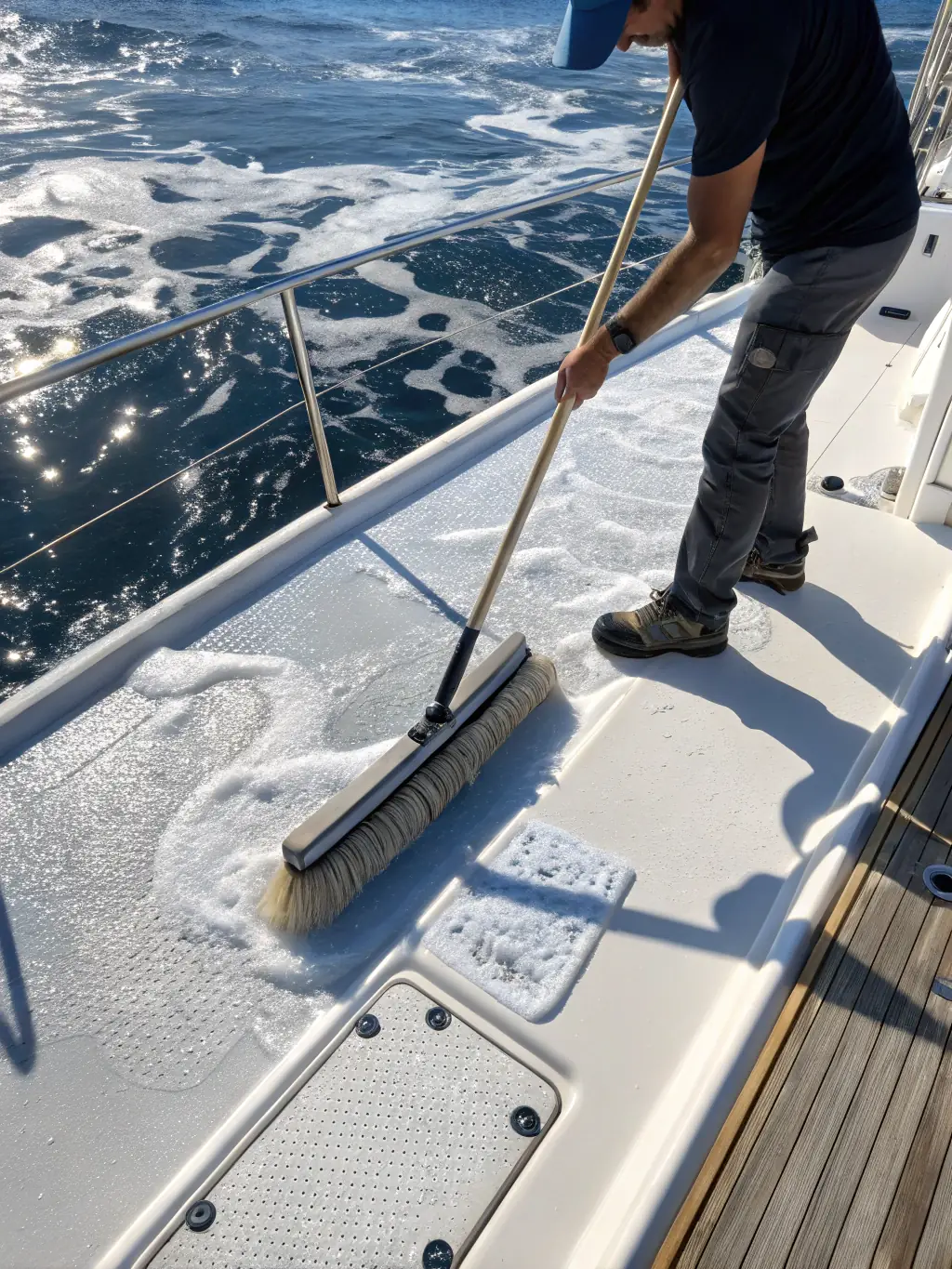 A close-up shot of a yacht deck being meticulously cleaned by a Valtrix Detailing professional, emphasizing the removal of dirt and grime.