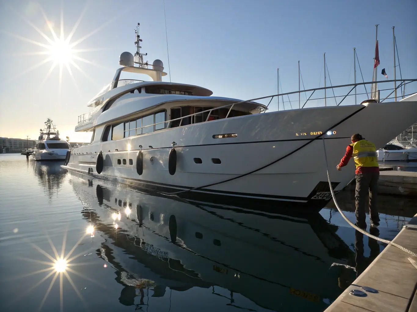 A high-end yacht being meticulously cleaned and polished by Valtrix Detailing professionals, showcasing the reflection of the water on its gleaming surface.